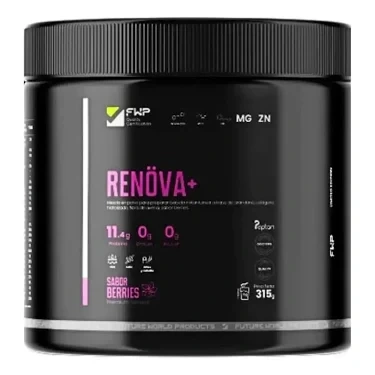 Envase negro de RENOVA+ con detalles magenta y etiqueta de sabor Berries.